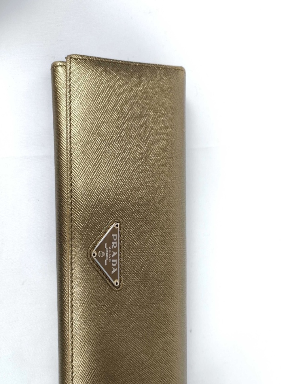 Prada Gold Saffiano Leather Long Wallet Triangle Logo